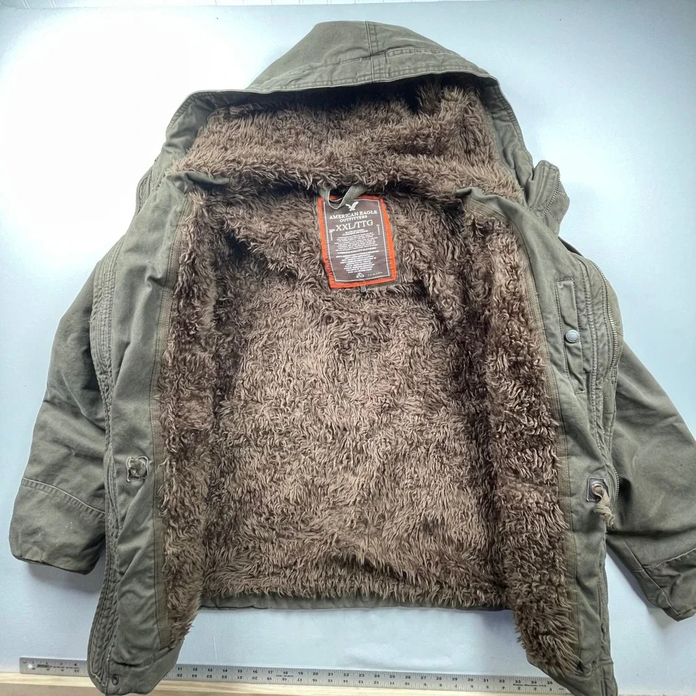 American Eagle Men XXL Faux Fur Lined Field Jacket Olive Green Hooded Parka Coat